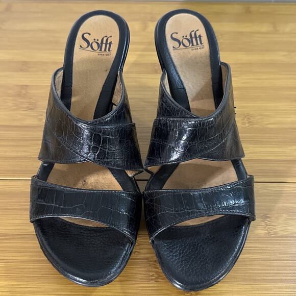 Sofft Jolene Heeled Sandals Black Leather Crocodile Embossed Mules 8.5 M - Picture 3 of 8